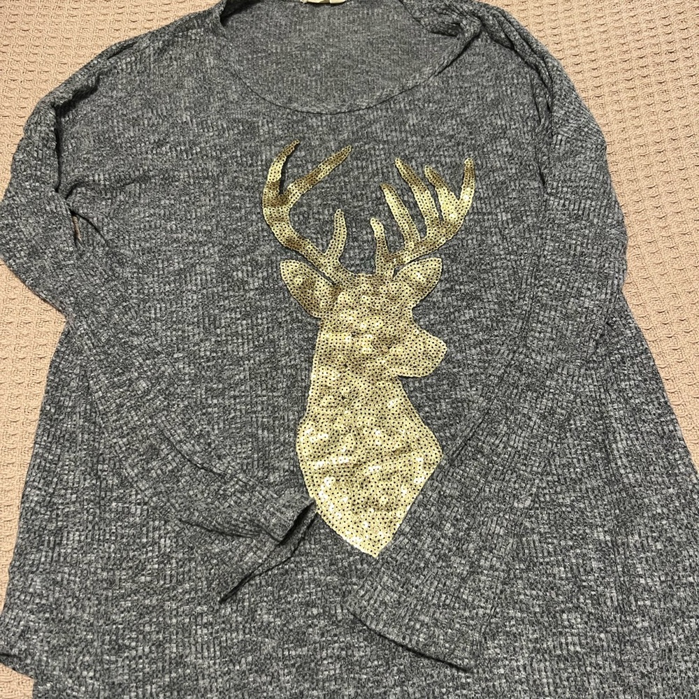 Gray Sweater with Gold Deer Design